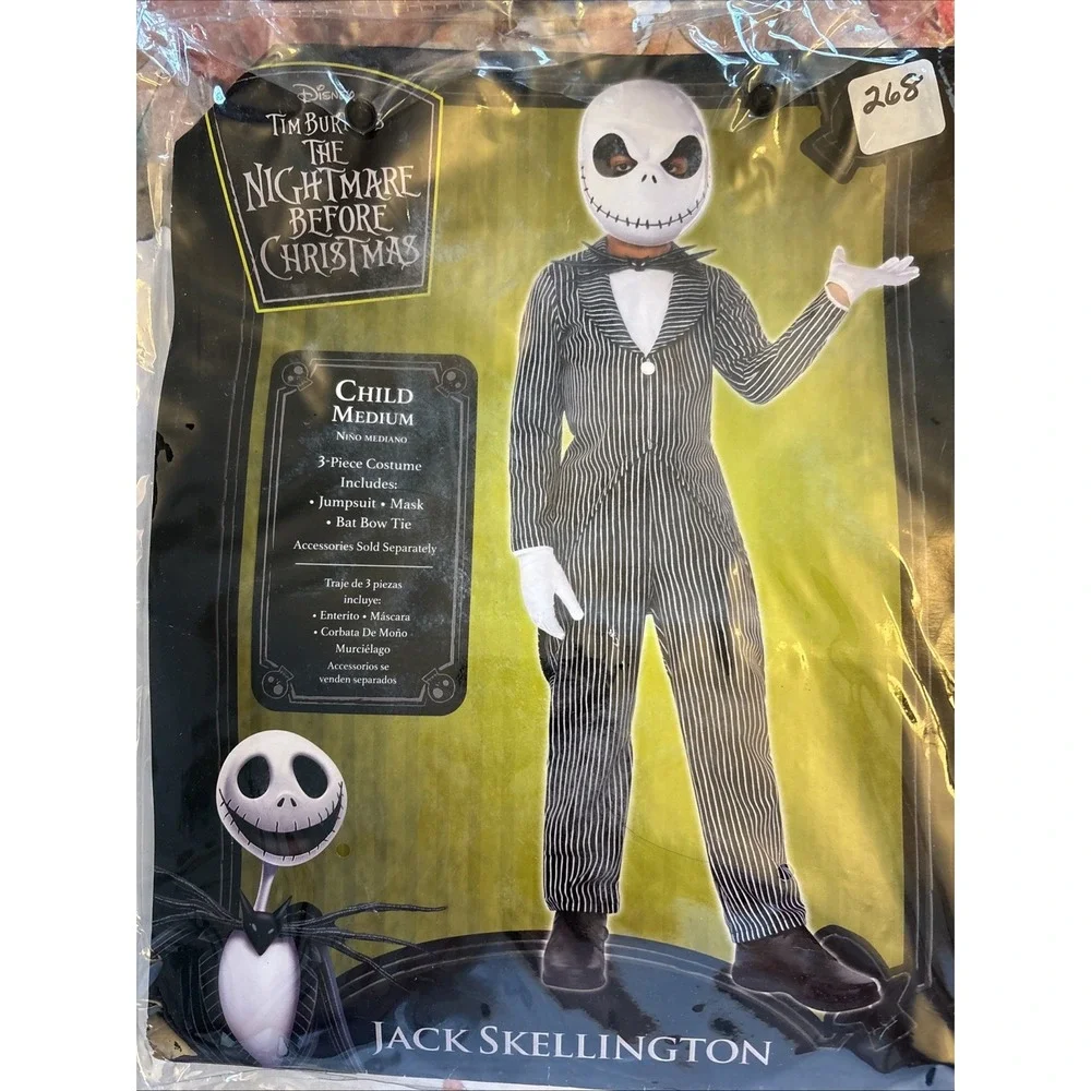 Nightmare Before Christmas Jack Skellington Kids Costume Sz M 8-10 Suit Mask Tie